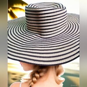 Black and Cream Striped Wide Brim Hat